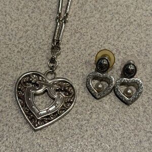 Brighton Silver Tone Heart Locket Necklace and Heart Pearl Earrings Set 20”